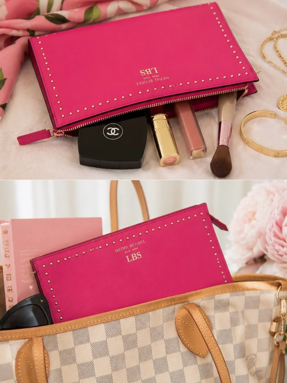 HENRI BENDEL NY Lipstick Pink Pebbled Leather Studded Cosmetic Pouch Clutch
